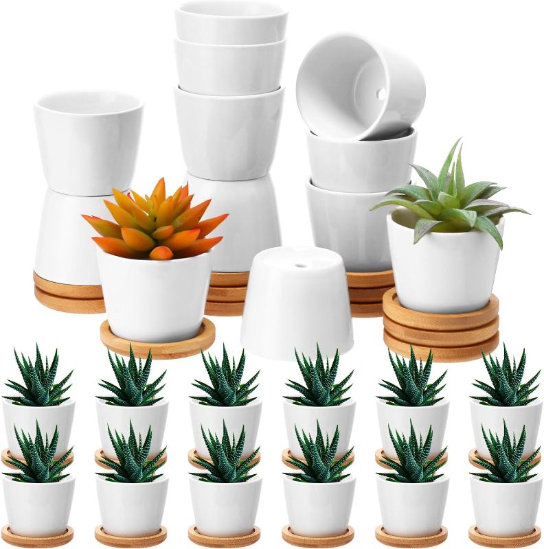 Photo 1 of 24 Pack 2.5 Inch Mini Succulent Plant Pots Small Ceramic Flower Pot with Bamboo Tray, White Garden Cactus Herb Container, Gardening Gift for Woman, Home Office Decoration for Birthday Wedding box of 4