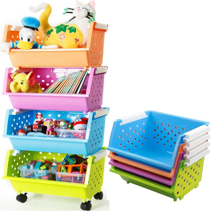 Photo 1 of Kids' Toys Storage Organizer Bins Baskets with Wheels Can Move Everywhere Large 4 Baskets Natural/Primary (Primary Collection) (Purple&Blue&Orange&Green)