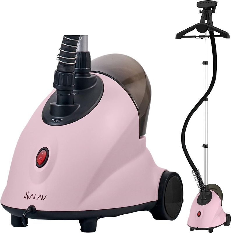 Photo 1 of SALAV® GS18-DJ Standing Garment Steamer with Roll Wheels for Easy Movement, 1.8L Water Tank for 1 Hour Continuous Steaming, Adjustable Pole for Storage, 1500 watts, Includes Descaler Packet, Pink