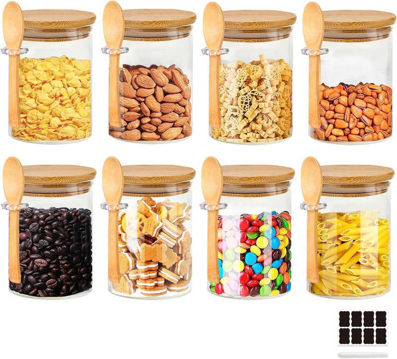 Photo 1 of Airtight Glass Jars with Bamboo Lid & Spoons, 8oz Glass Food Storage Containers, Overnight Oats Containers with Lids, Decorative Kitchen Jars for Coffee, Storage, Dry, Cookie, Candy, Tea. (8PCS)