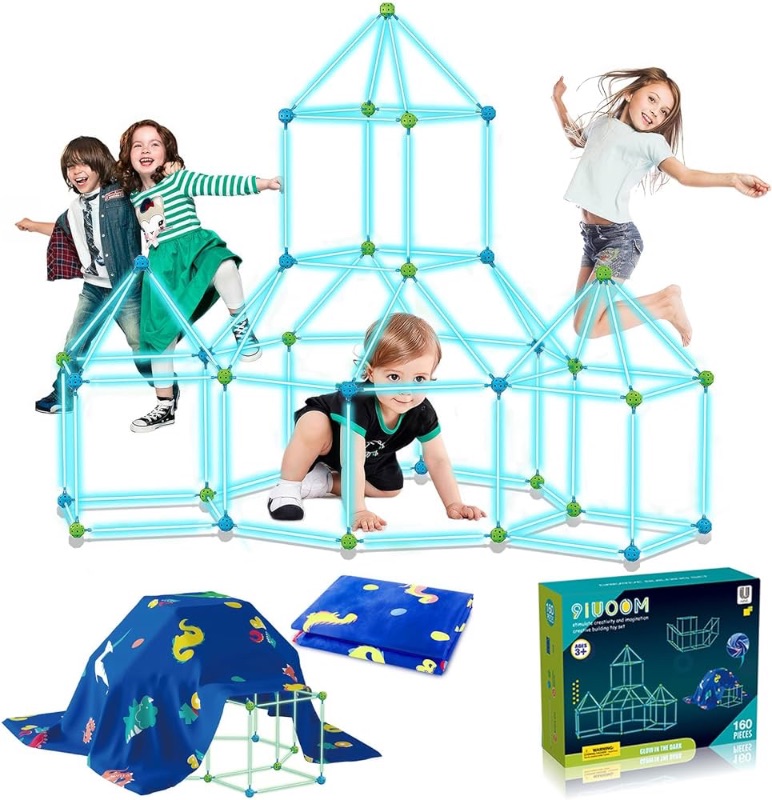 Photo 1 of Fort Building Kit for Kids 160 Pcs Glow in The Dark Air Fort Builder Gift Construction Toys for 3 4 5 6 7 8 9+ ages Boys Girls Fun Fort Building Tunnel Play Tent Indoor Outdoor(With Tent Cloth)