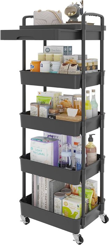 Photo 1 of 5-Tier Rolling Utility Cart with Drawer,Multifunctional Storage Organizer with Plastic Shelf & Metal Wheels,Storage Cart for Kitchen,Bathroom,Living Room,Office,Black