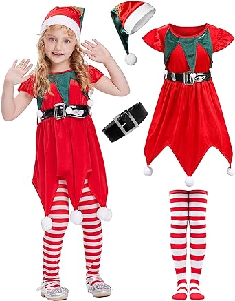 Photo 1 of IKALI Christmas Elf Costume Kids Santa's Helper Costume Santa Claus Holiday Dress-up Outfit for Boys Girls Children Girls Holiday Elf 4-6 Years