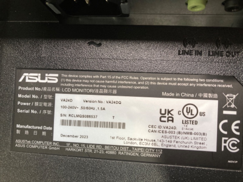 Photo 1 of ASUS VA24DQ 24' (23.8' Viewable) Monitor, 1080P Full HD, 75Hz, IPS, Adaptive-Sync/FreeSync, Eye Care, HDMI DisplayPort VGA, Frameless, VESA Wall.