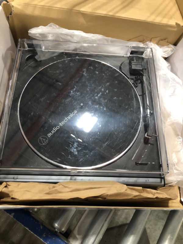 Photo 3 of Audio-Technica AT-LP60X-GM Fully Automatic Belt-Drive Stereo Turntable, Gunmetal/Black, Hi-Fi, 2 Speed, Dust Cover, Anti-Resonance, Die-Cast Aluminum Platter Silver