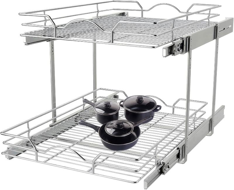 Photo 1 of OCG 2 Tier Pull Out Cabinet Organizer (15.5" W x 21" D), Pull Out Drawers for Kitchen Cabinets, Pull Out Shelves for Base Cabinet Organization in Kitchen Bathroom Pantry, Chrome Finish 15.5"W x 21"D