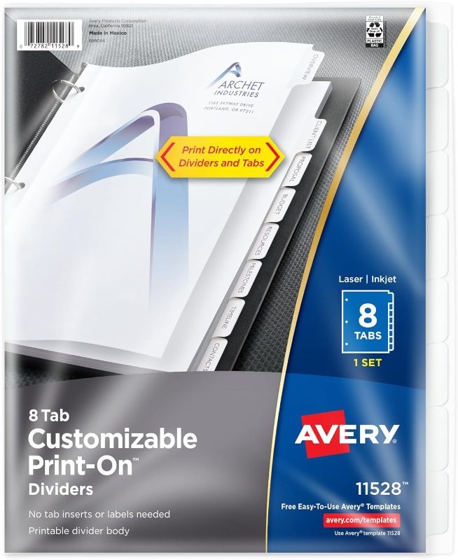 Photo 1 of Avery Print-On Dividers, 8 Tabs, White, Laser/Ink Jet, 1 Pack (11528)
