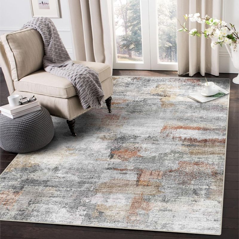 Photo 3 of  Washable Rug, Ultra Soft Area Rug 6x9, Non Slip Abstract Rug Foldable, Stain Resistant Rugs for Living Room Bedroom, Modern Fuzzy Rug (Gray/Rust, 6'x9') Colorful/ Multi 6'x9'