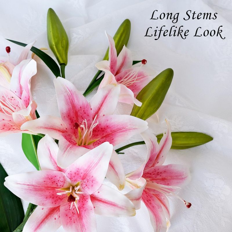 Photo 1 of  Artificial Flowers, Long Stem 28" 6 Heads Artificial Lily Silk Flowers, Full Bloom Easter Faux Tiger Lily for Christmas Home Hote Tall Vase Arrangement Decor
