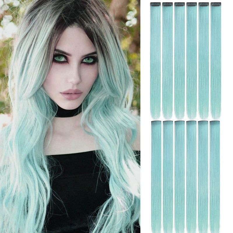 Photo 1 of 12 Pcs Colored Hair Extensions Colorful Clip in Hair Extensions 21 inch Synthetic Straight Hair Extensions for Kids Girls Women
