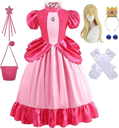 Photo 1 of BLOOMIRO Princess Peach Dress for Girl Princess Costume Cosplay Halloween with Princess Wig and Accessories
