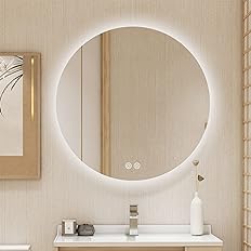 Photo 3 of BuLife 32 Inch Round LED Bathroom Mirror Backlit Anti-Fog Wall Mounted Lighted Bathroom Vanity Mirror 3 Colors Light Dimmable Smart Makeup Mirror with Touch Switch
