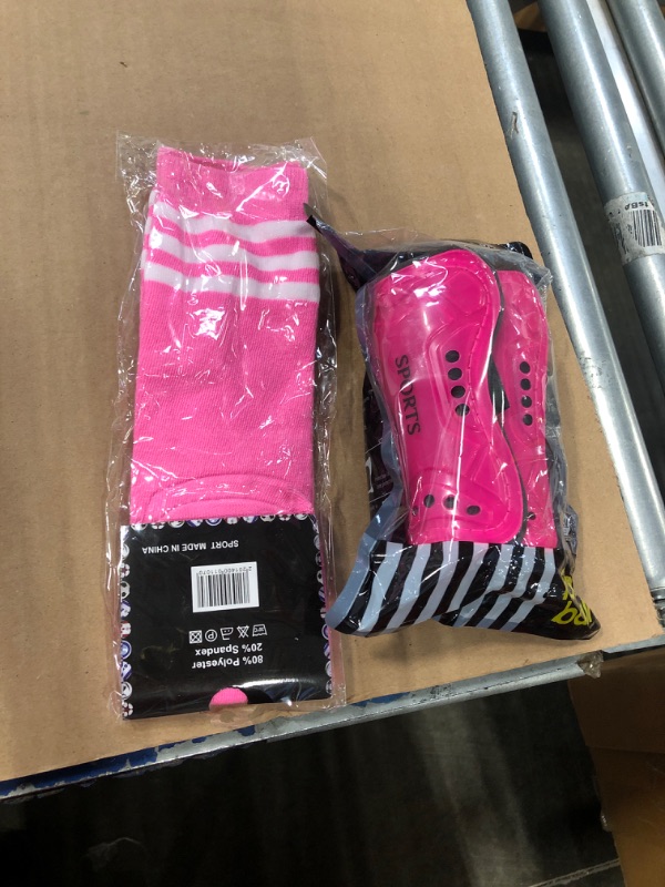 Photo 2 of 2 Pair of Soccer Shin Guards with 2 Pair of Soccer Socks Protective Soccer Shin Pads Soccer Gear for Girls Boys Youth Teens Kids 3-6 Years Soccer Games Protection Equipment Pink, Rose Red