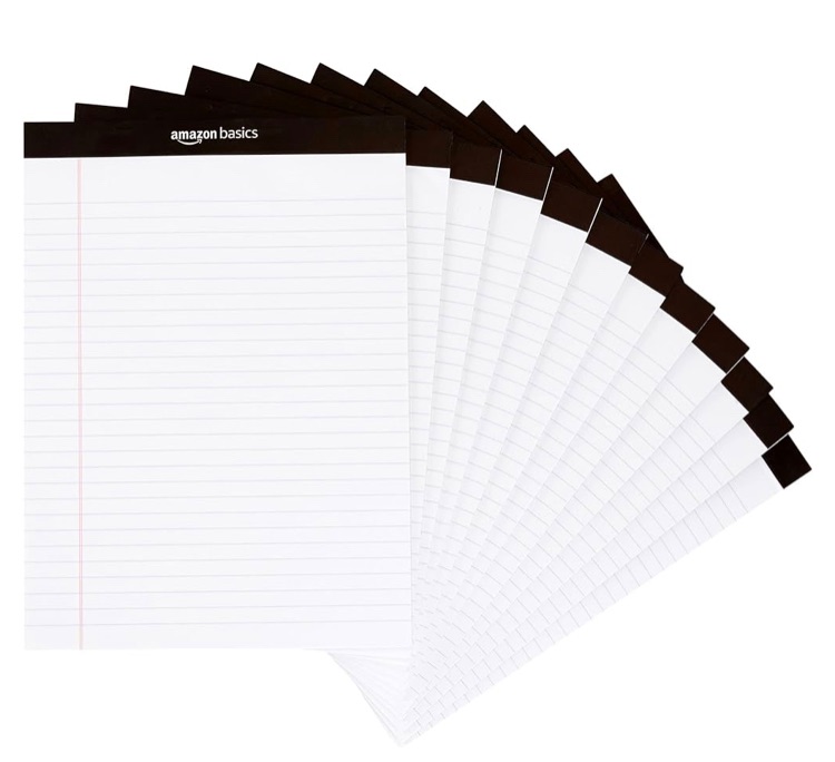 Photo 1 of Amazon Basics Wide Ruled Lined Writing Note Pad, 8.5 inch x 11.75 inch, White, 12 Count ( 12 Pack of 50 )