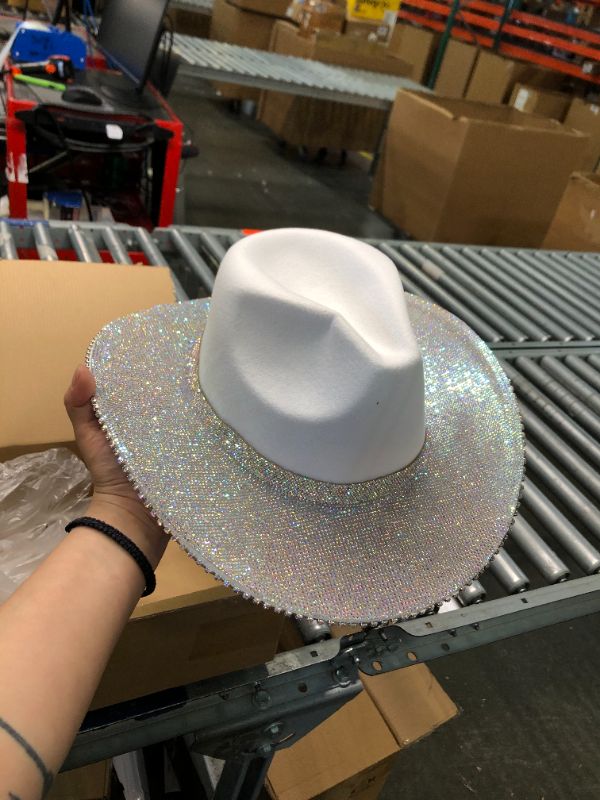 Photo 3 of Hercicy Rhinestone Glitter Cowboy Hat Bling Cowgirl Hat With Western Wide for Cosplay Wedding Rave Bachelorette Party White, Ab Color Classic