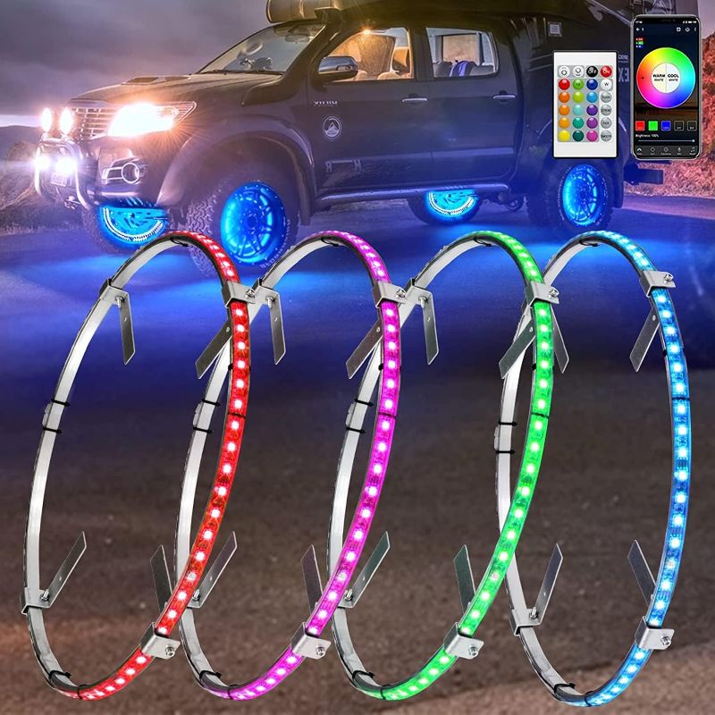 Photo 1 of 4Pcs 15.5inch LED RGB Wheel Rim Lights RGB Wheel Ring Lighting w/Turn Signal and Braking Function Remote & APP Control, Waterproof DIY Color and Dynamics for Trucks Cars Motor
