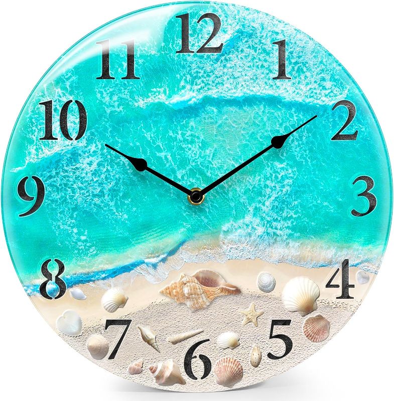 Photo 1 of Coastal Nautical Glass Wall Clock with Seashell Design and Aesthetic Beach Theme - Battery Operated Silent Wall Decor for Home, Kitchen, Living Room, Office, Bedroom, or Bathroom (12 Inch,Teal)
