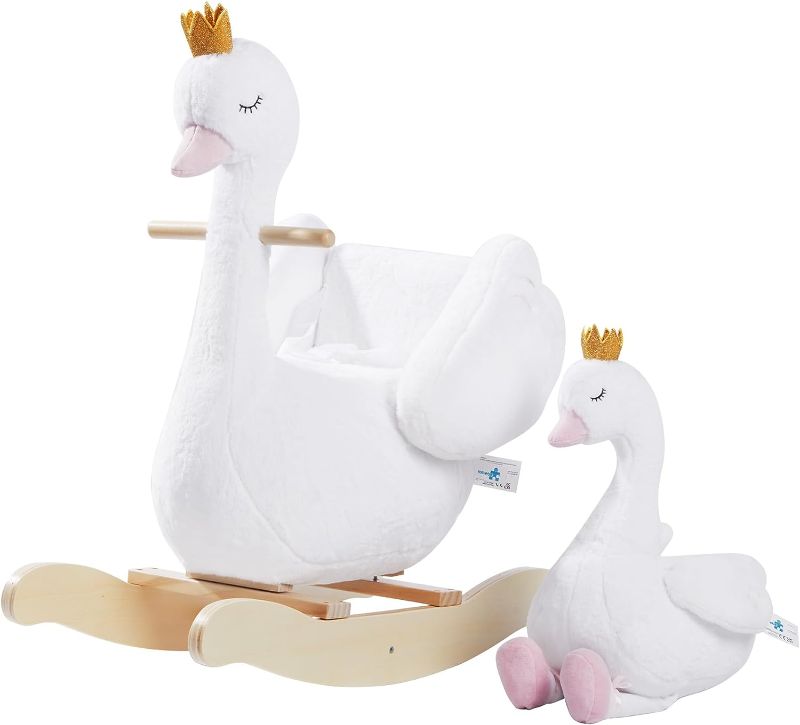 Photo 1 of labebe Kids Rocking Horse White Swan with Little Plush Doll Toys, Stuffed Animal Wooden Rocker for Children 6 Months Boys and Girls/Nursery Christmas, Birthday Gift
