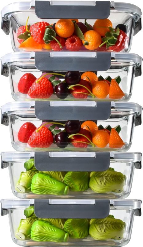 Photo 1 of 5 Pack 36OZ Kitchen Leak-Proof Glass Food Storage Containers - Thick & Durable Glass Meal Prep Containers - Airtight Easy to Clean Glass Storage Containers with Lids