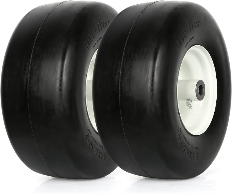 Photo 1 of 13x5.00-6 flat free tire and wheel,Front Zero-Turn Smooth Tire Assembly Replacement for Riding Lawn Mower Garden Tractor,with 3/4" &1/2" & 5/8" Precision bearings,3.25"- 5.9" Center Hub (2 Pack) https://a.co/d/1KekMXw