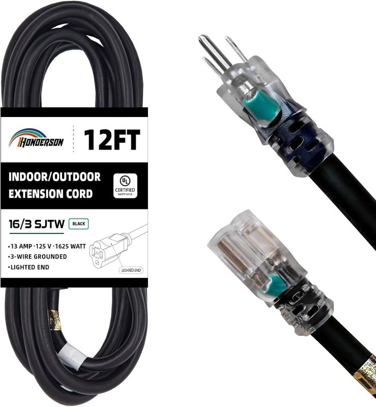 Photo 1 of 12FT 16/3 Christmas Lighted Outdoor Extension Cord - 16 Gauge 3 Prong SJTW Black Extension Cable with 3 Prong Grounded Plug for Safety,Great for Outdoor Christmas Decorations