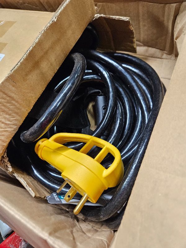 Photo 3 of 30 Amp RV Extension Cord 50 FT Outdoor with Grip Handle, Flexible Heavy Duty 10/3 Gauge STW 3 Prong RV Power Cord Waterproof with Cord Organizer, NEMA TT-30P to TT-30R, Black-Yellow, ETL Listed POWGRN 50 FT-30 A Yellow