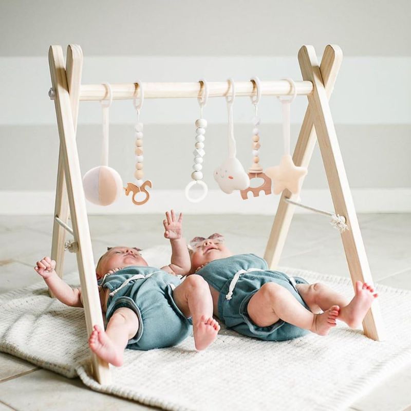 Photo 1 of **** MISSING PARTS****Wooden Baby Gym with 6 Gym Toys, Foldable Baby Play Gym, Natural Pine Wood Play Gym, Frame Activity Center Hanging Bar Newborn Gift Grey, Newborn Gift for Baby Girl and Boy