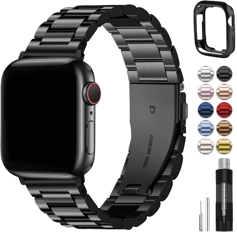 Photo 1 of Fullmosa Compatible Apple Watch Bands 41mm 40mm 38mm 49mm 45mm 44mm 42mm, Stainless Steel iWatch Band with Case for Apple Watch Ultra2/Ultra Series 9/8/7/6/5/4/3/2/1/SE/SE2, 38mm 40mm 41mm Black