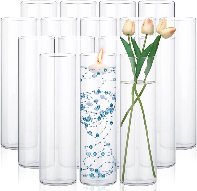 Photo 1 of 16 Pack Glass Clear Cylinder Vases Tall Floating Candle Holders Cylinder Vase Bulk Clear Flower Vases for Table Centerpieces Home Wedding Decorations Formal Dinners (12 x 3.35 Inch)