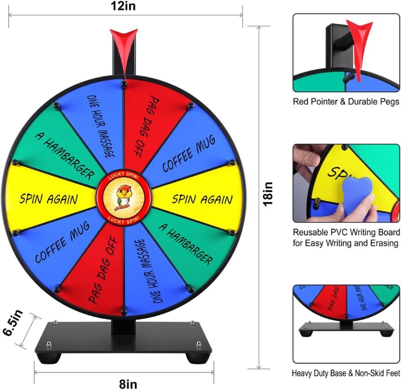 Photo 1 of 12 Inch 10 Slots Prize Wheel Tabletop or Wall Mount Fortune Spin with Dry Erase Marker and Eraser for Engaging Home Parties, Trade Show, Carnival Events 12 Inches 10Slots Prize Wheel