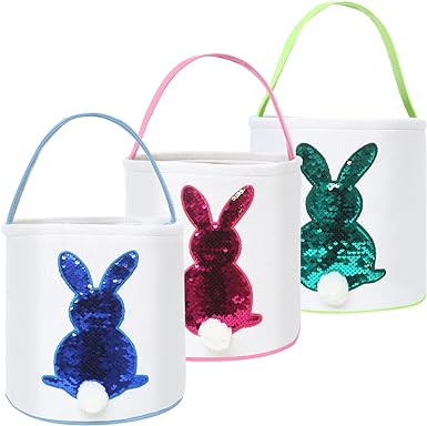 Photo 1 of (Purple, Pink, Blue) Easter Bunny Basket Bags for Kids, Sequin Rabbit Pattern Egg Basket Hunt Bags Personalized Canvas Cotton Bucket with Fluffy Tail for Easter Eggs, Candy, Gift
