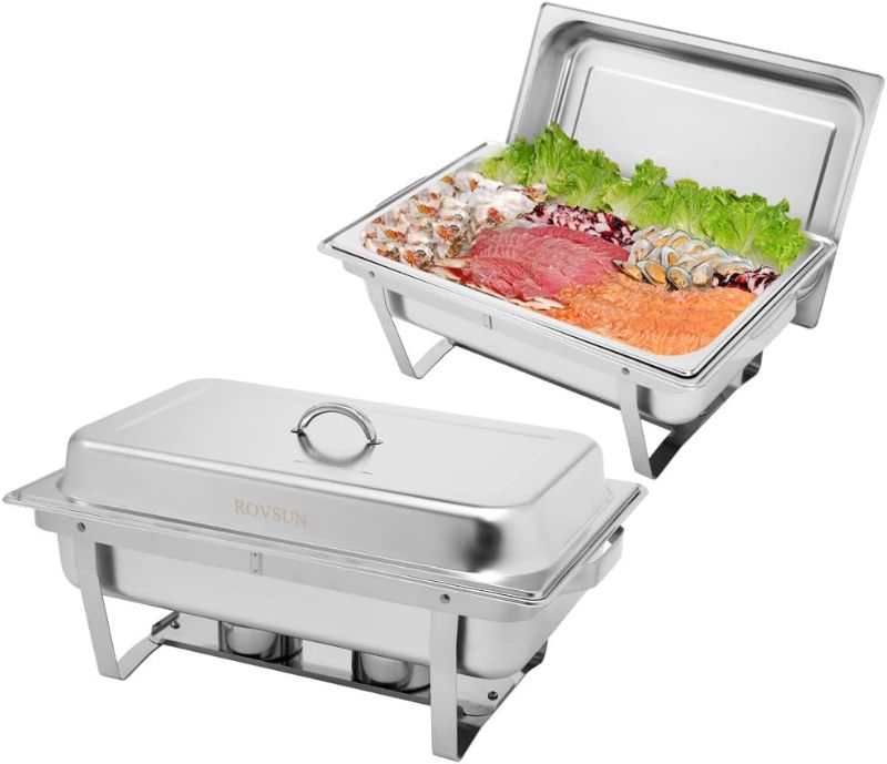 Photo 1 of 2 Pack Full Size Stainless Steel Chafing Dishes Buffet Set, NSF Silver Rectangular Catering Chafer Warmer Set with Trays Pan Lid Folding Frame Stand for Kitchen Party Banquet Dining