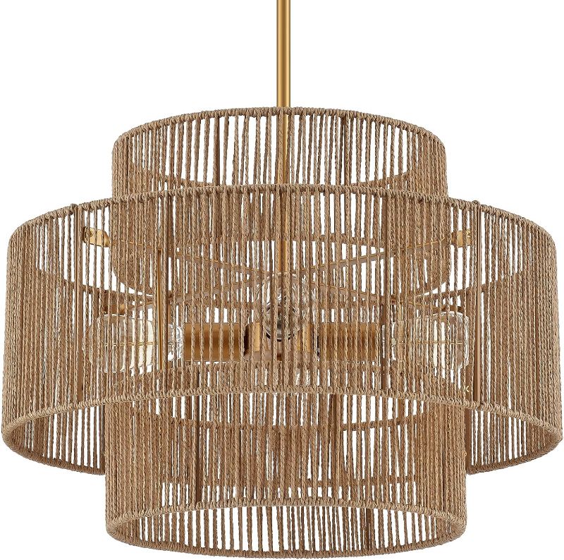 Photo 1 of 24” Boho Hand Woven Rattan Chandelier 3 Round Adjustable 4-Light Large Pendant Light for Kitchen Island Dining Room Living Room Hallway, Brass, UL Listed
