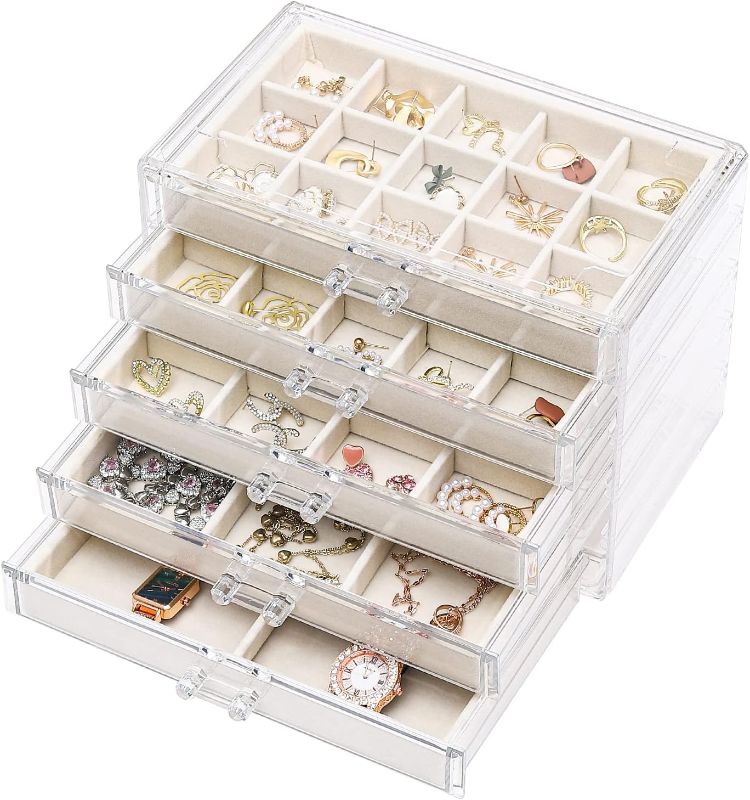 Photo 1 of ***MISSING THE INSERTS*** 

Jewelry Organizer With 5 Drawers,Earring Storage Box Jewelry Box Organizer Storage Holder Compartment Transparent Display Storage Case for Earrings Necklace Ring Bracelet,Beige