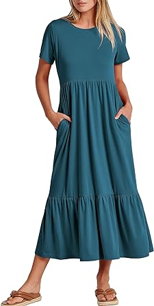 Photo 1 of ANRABESS Women's Summer Casual Short Sleeve Crewneck Swing Dress Flowy Tiered Maxi Beach Dress with Pockets