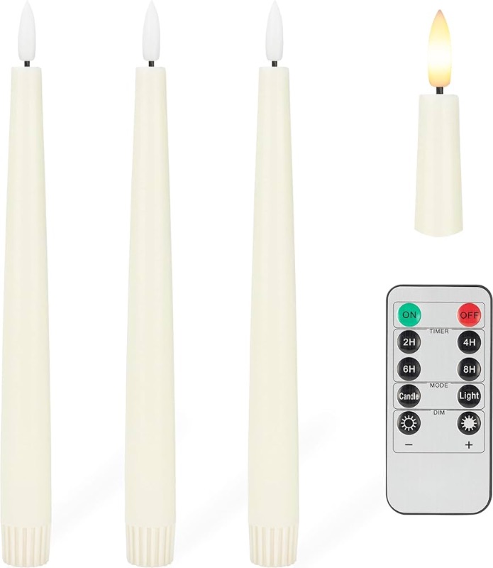 Photo 1 of Flameless Taper Candles with 3D Wick, 9.6" Real Wax LED Candles with Remote and Timer, 3 Pack Flickering Candlesticks Battery Operated, Classic Tall Taper Candles for Home, Wedding, Party, Ivory