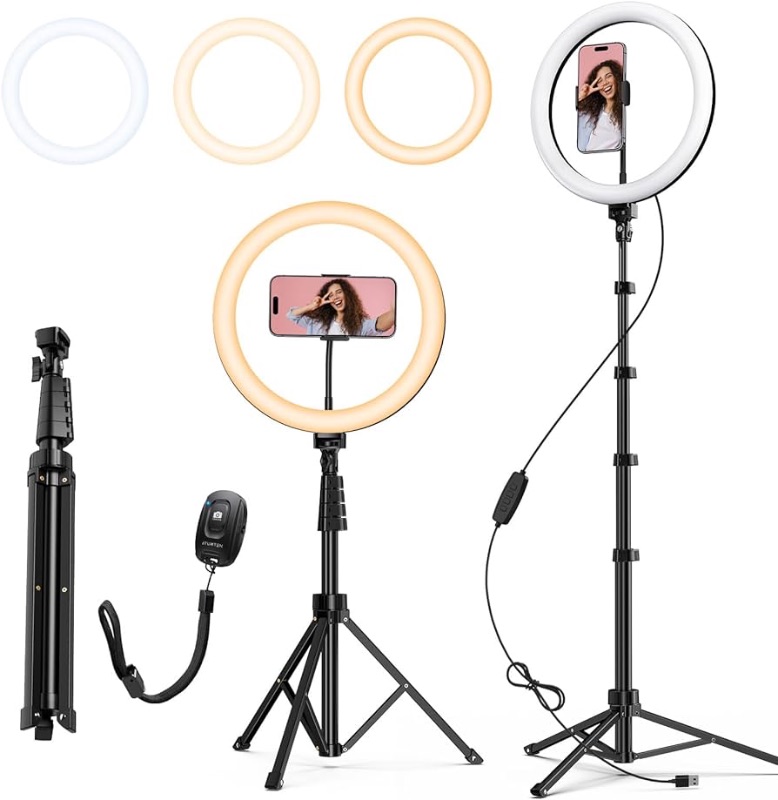 Photo 1 of 12" Selfie Ring Light with 63" Extendable Tripod Stand, Selfie Light with Phone Holder and Bluetooth Remote, Dimmable LED Ring Light for Streaming, TikTok, Zoom, Vlogging, YouTube, etc