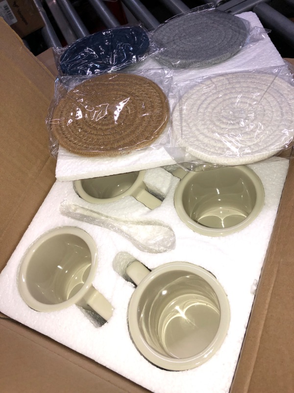 Photo 1 of 11oz Ceramic Diner Coffee Mug set Stoneware Coffee Cups Set for Restaurant, Diner, Farmhouse, Coffee Shop, Home set of 4 with Coffee spoons and Woven Coasters (Cream)