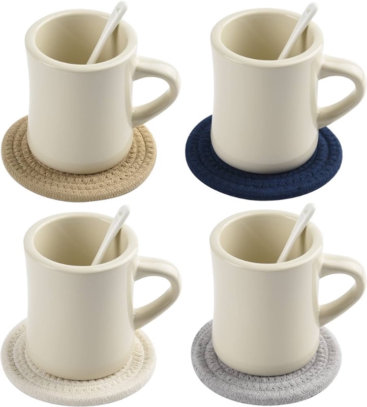 Photo 1 of 11oz Ceramic Diner Coffee Mug set Stoneware Coffee Cups Set for Restaurant, Diner, Farmhouse, Coffee Shop, Home set of 4 with Coffee spoons and Woven Coasters (Cream)