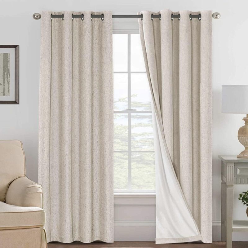 Photo 1 of 100% Blackout Linen Curtains Full Light Blocking Curtains for Bedroom, Textured Window Curtains for Living Room 84 inch Grommet, Energy Efficient Curtains White Liner(2 Panels, Natural)
