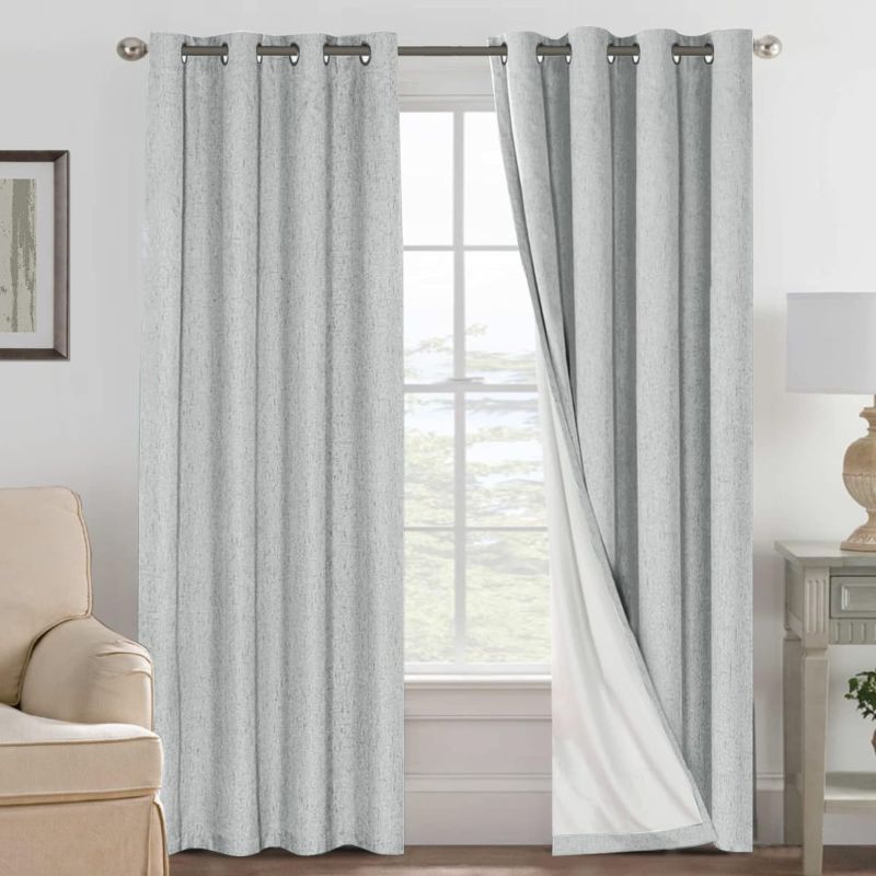 Photo 1 of 100% Blackout Linen Curtains Full Light Blocking Curtains for Bedroom, Textured Window Curtains for Living Room 84 inch Grommet, Energy Efficient Curtains White Liner(2 Panels, Glacier gray)