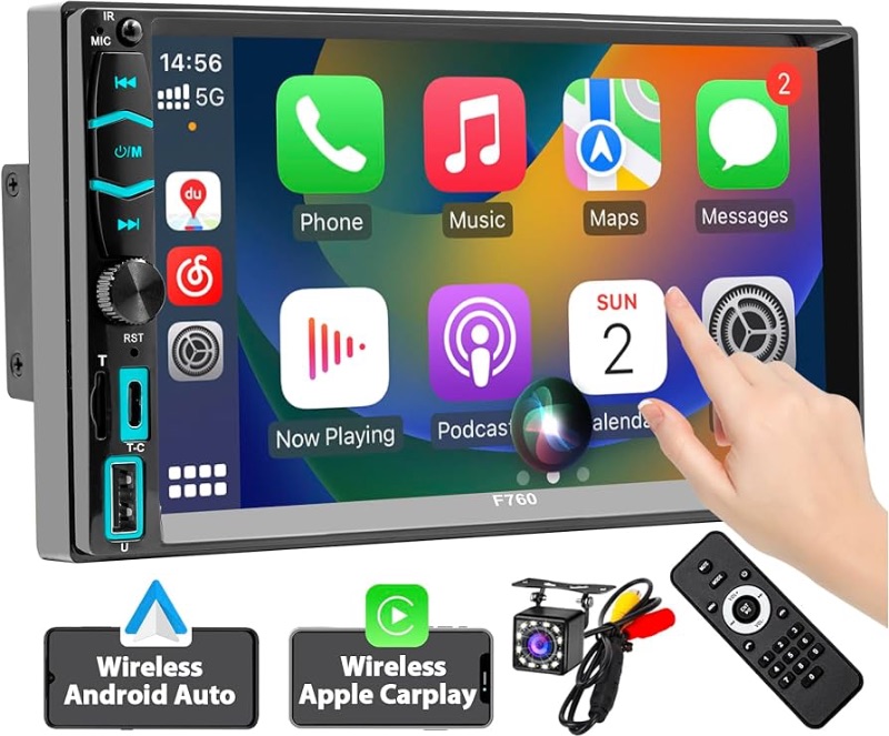 Photo 1 of [Wireless] Double Din Car Stereo with Wireless Apple CarPlay and Android Auto, 7 Inch LCD Touchscreen RDS FM/AM Vehicle Radio with Type-C Phone Charge, Bluetooth, Mirror-Link, Waterproof Backup Camera