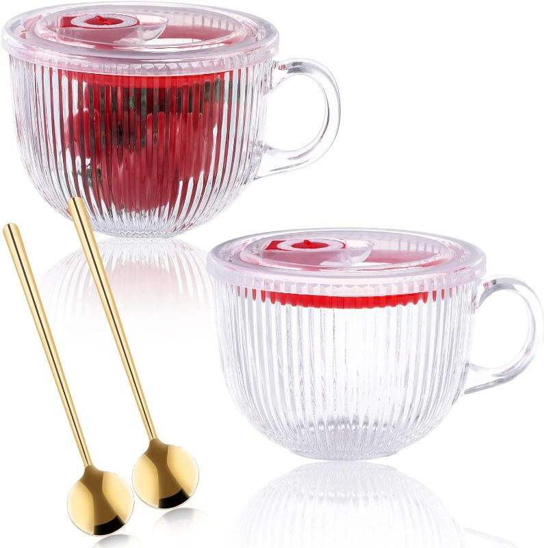 Photo 1 of 2 Pack Glass Soup Bowl with Lids Glass Cereal Bowl with Spoon Handle Clear Coffee Mug 15 oz Oatmeal Bowl Microwave Safe Breakfast Bowls Yogurt Bowl for Latte Dessert Beverage Tea Soup Cereals Fruits** spoons are silver color **