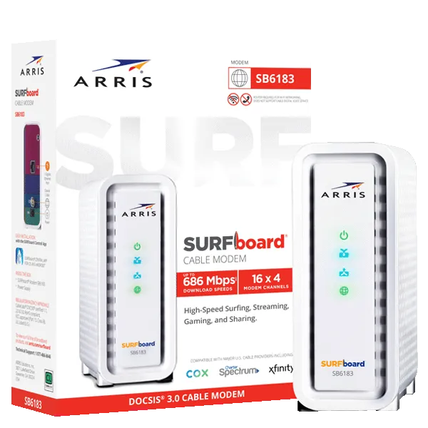 Photo 1 of ARRIS Surfboard SB6183 DOCSIS 3.0 Cable Modem (400 Mbps Max Internet Speed) & W21 AX6600 WiFi 6 Mesh Ready Router Bundle (WiFi Coverage up to 2,750 sq ft) | Mesh with Your Cable Internet DOCSIS 3.0 Modem + AX6600 Mesh Router