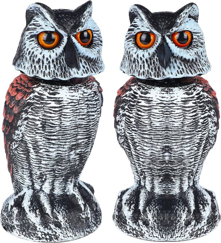 Photo 1 of 2 Pack Fake Owl Decoy Bird Scarecrow Sculpture, Rotating Head Plastic Owl Bird Deterrents, Nature Enemy Horned Pest Repellent for Outdoor Garden Yard