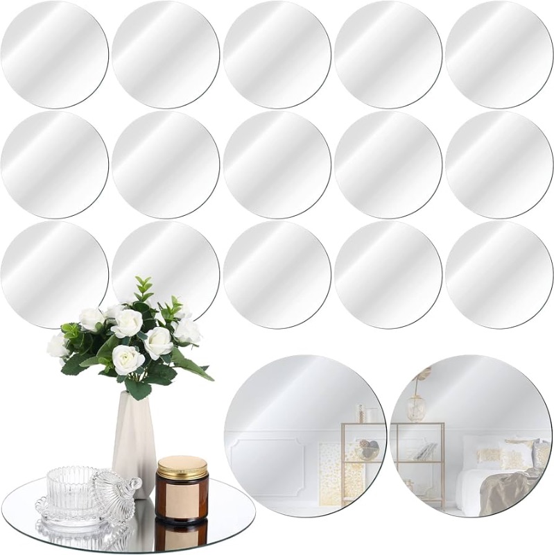 Photo 1 of 18 Pcs Round Mirror Candle Plate Set Round Mirrors Trays Circle Mirror Centerpieces for Tables Mirror Plate Party Mirror Tiles for Wedding Decor Crafts Baby Shower Christmas Decorations (12 Inch)