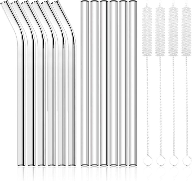 Photo 1 of 12 Pack Reusable Glass Straws, Clear Glass Drinking Straw, 8.5''x10MM, 6 Straight and 6 Bent Glass Straw with 4 Cleaning Brushes for Smoothies, Milkshakes, Tea, Juice, Hot & Frozen Drinks