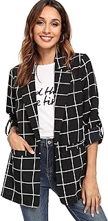 Photo 1 of Milumia Women's Open Front Blazer Casual Lightweight Plaid Roll Up Sleeve Jacket Shirt