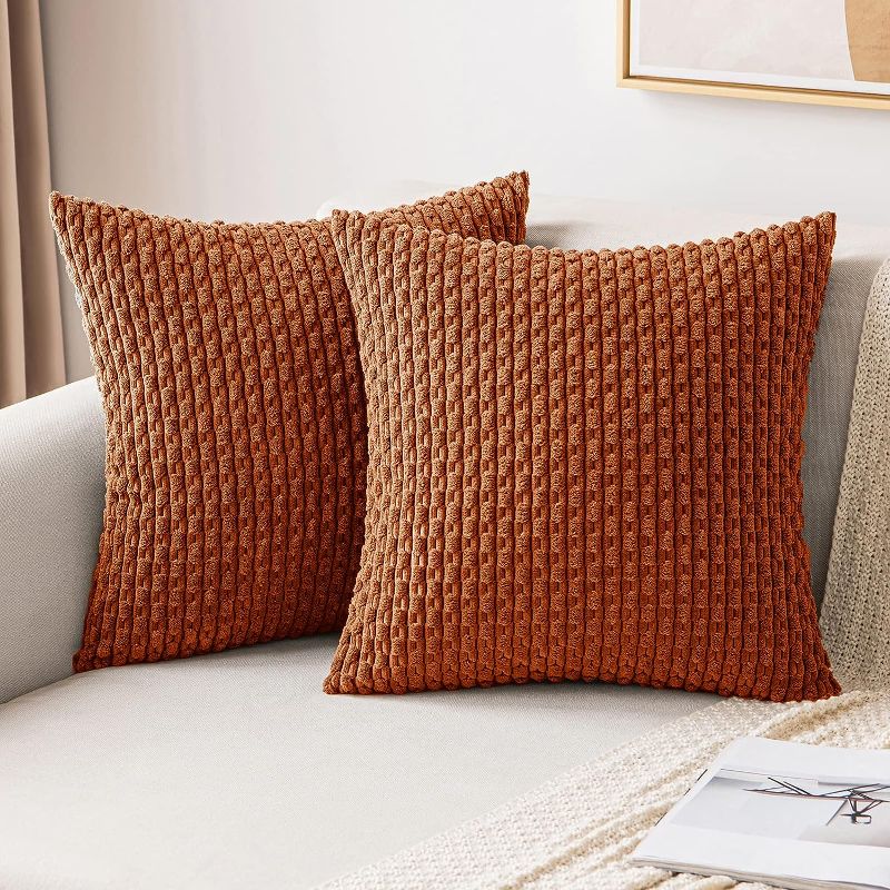 Photo 1 of  MIULEE Throw Pillow Covers Soft Corduroy Decorative Set of 2 Boho Striped Pillow Covers Pillowcases Farmhouse Home Decor for Couch Bed Sofa Living Room 18x18 Inch Rust