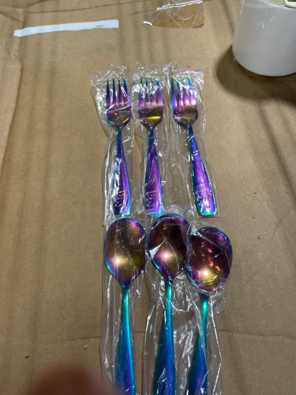 Photo 1 of 6 Piece Stainless Steel Kids Silverware Set - Child and Toddler Safe Flatware - Kids Utensil Set - Metal Kids Cutlery Set (Includes 3 Small Kids Spoons & Kids 3 Forks, UV Rainbow) 6 Piece UV Rainbow